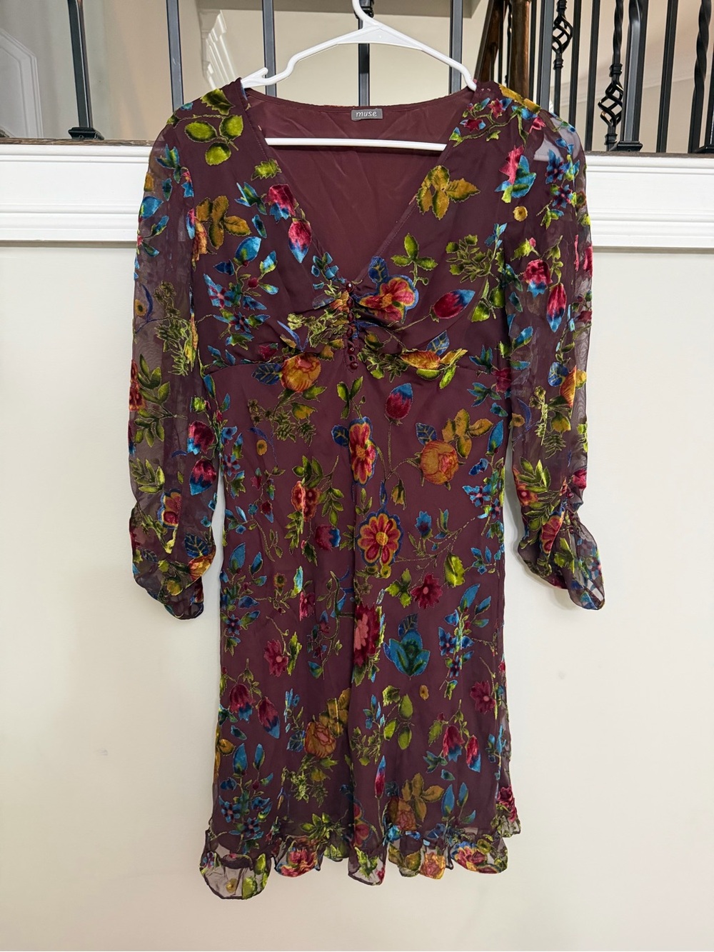 Muse Vintage Y2K Burnout Velvet Floral Dress Burgundy Silk Blend Mini Ruffle
